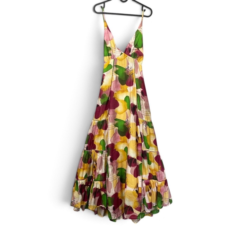 INA Multicolor Tiered Maxi Dress Small Cotton Spaghetti Strap V-Neck Boho